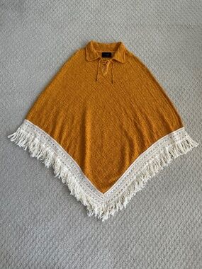 Llama One 100% Alpaca Wool Lace-Up Collared Poncho Mustard Bohemian Fringe NWOT